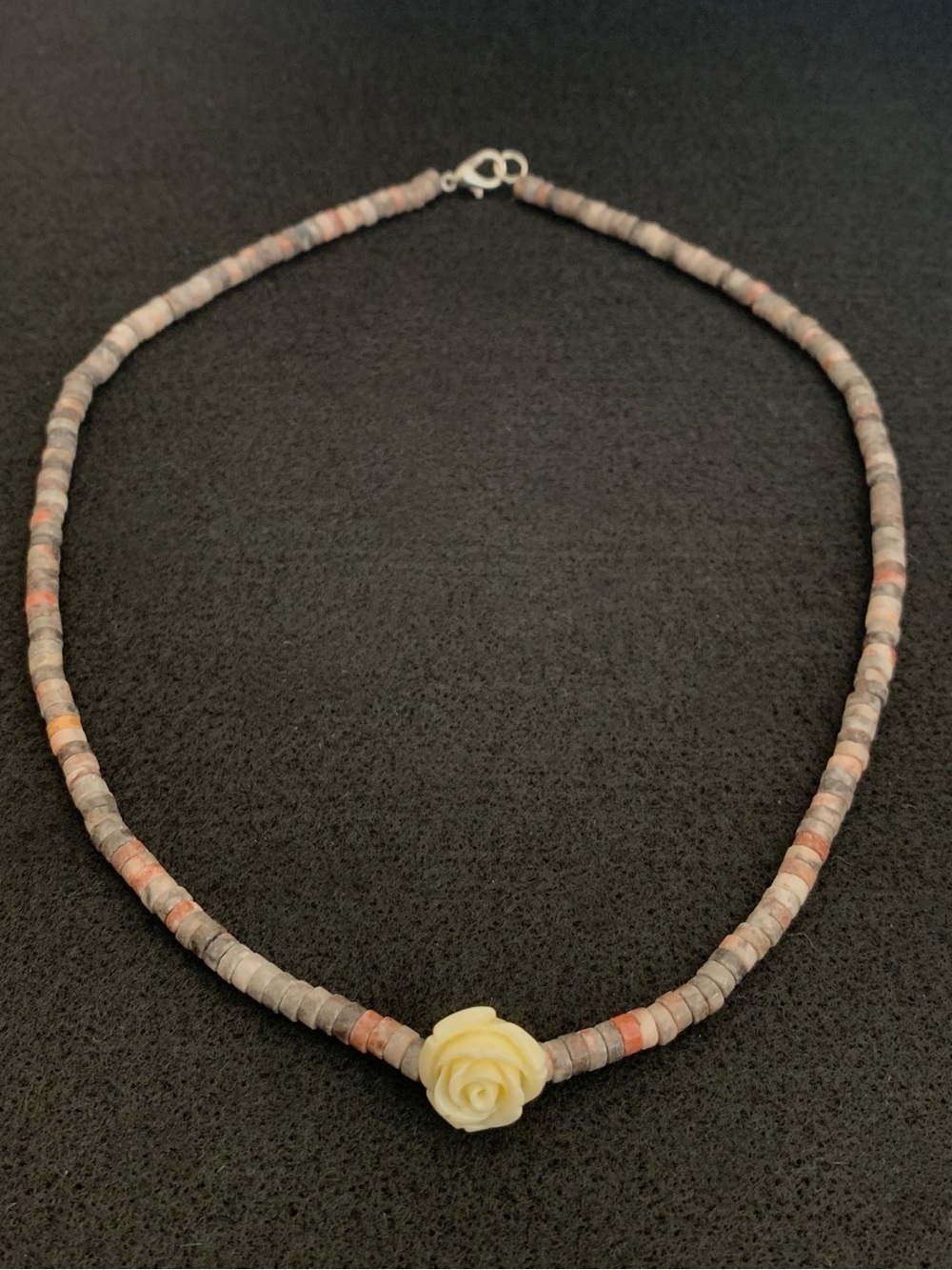 Neutral Beaded Necklace with Cream Rose Accent